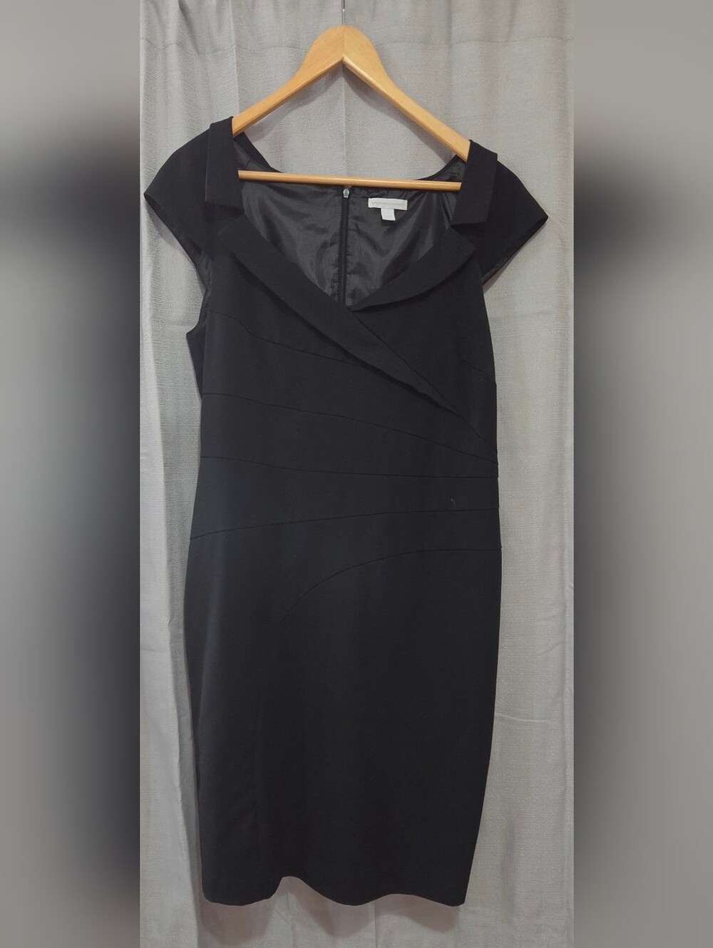 New York & Company Black Midi Sheath Dress V Neck Back Zip With Slit Size 14